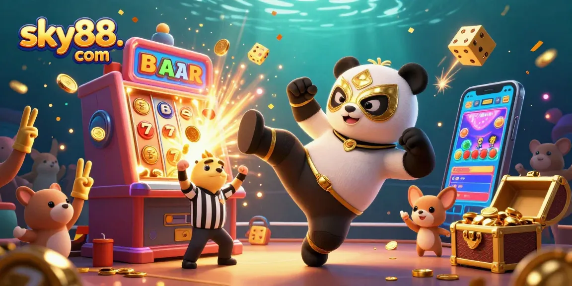 Join the excitement at sky88. com as a panda wrestler performs a flying kick amid a jackpot explosion!