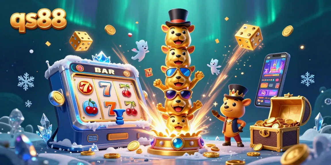 Play dynamic casino games at qs88 with a vibrant 3D illustration filled with enchanting symbols and whimsical characters.