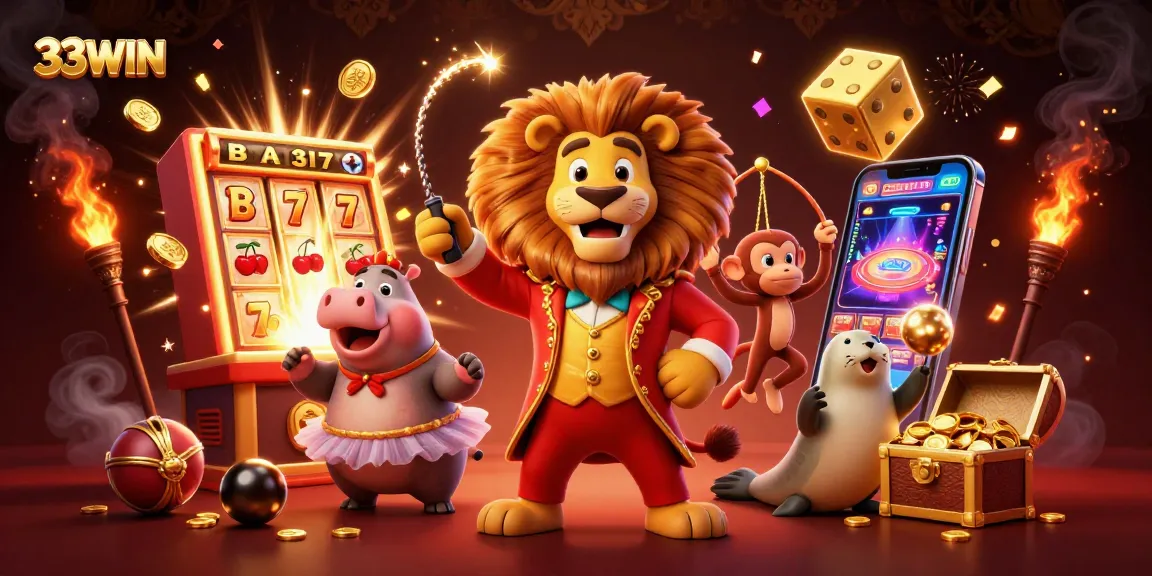 Experience the thrill of 33WIN with vibrant characters and jackpot excitement in this dynamic casino scene.