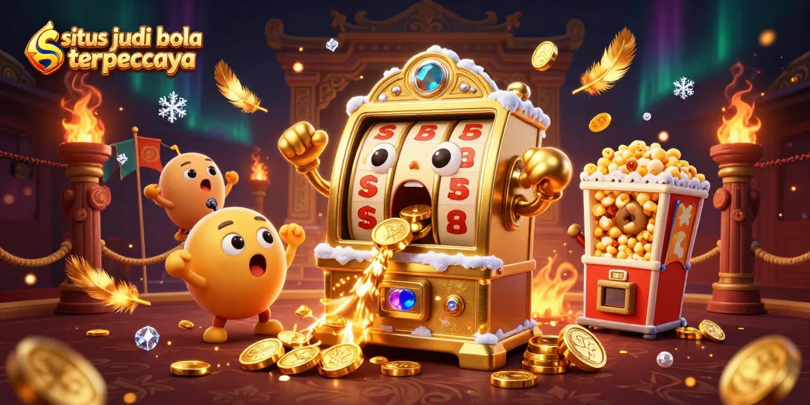 situs judi bola terpercaya showcases a golden slot machine hitting a jackpot with ecstatic cheering machines in a dynamic gambling scene.