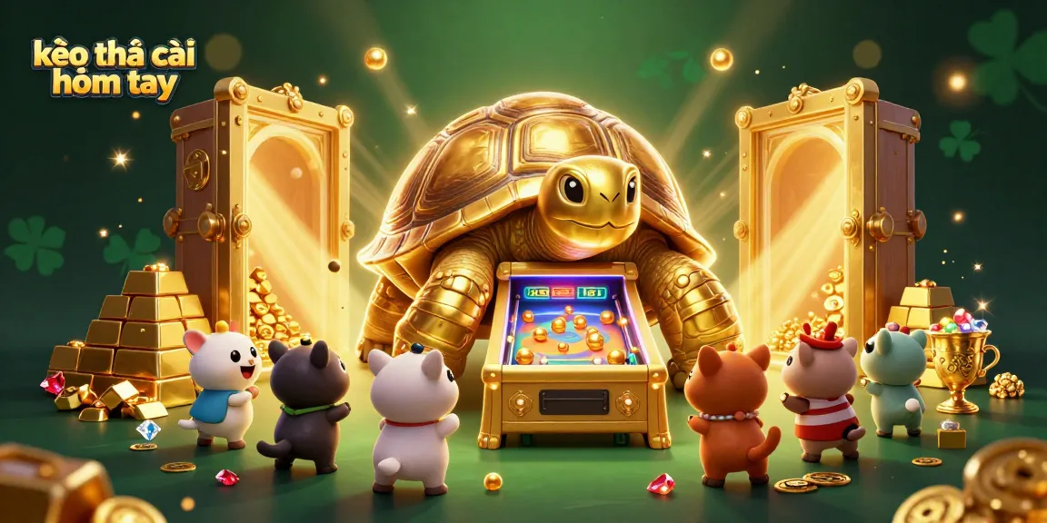 Engage in thrilling bets with kèo nhà cái hôm nay featuring a vibrant scene of a golden tortoise pinball machine surrounded by treasure elements.
