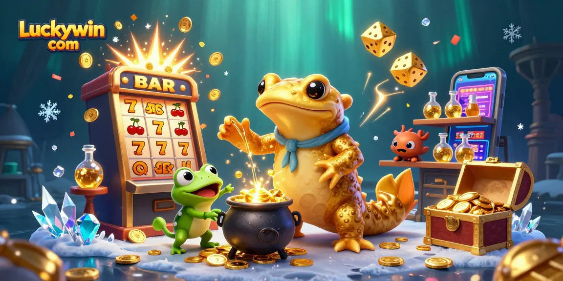 Spin and win with Luckywin com's vibrant 3D casino scene of golden alchemy and jackpots.