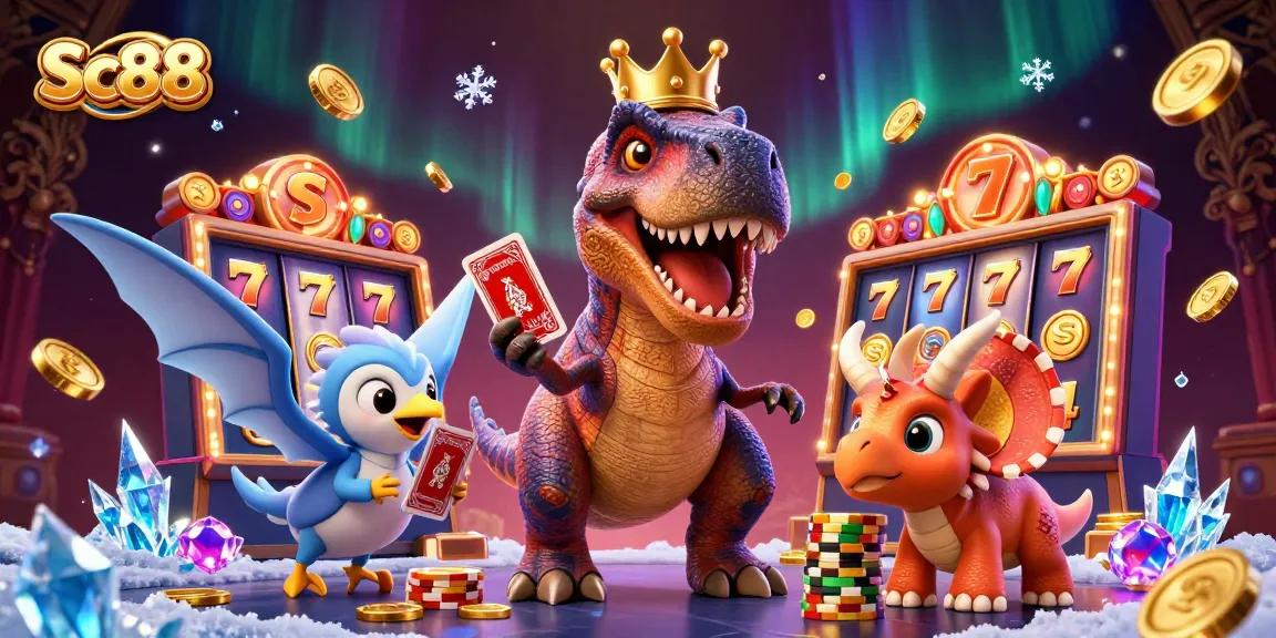 Experience Sc88 with a friendly T-Rex playing cards and stacking chips in a vibrant casino scene.