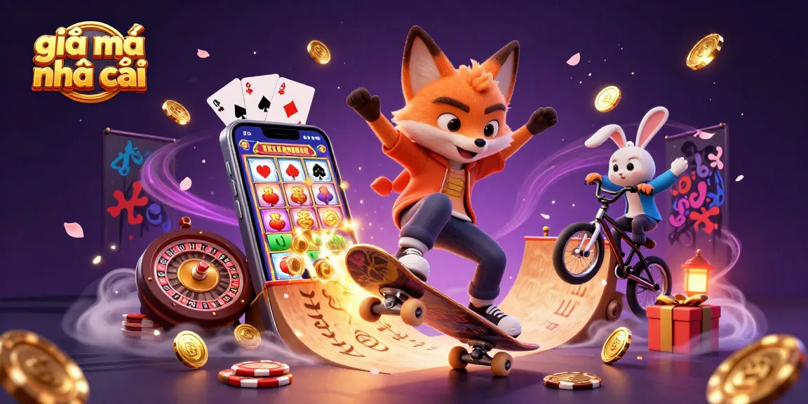 Engaging scene featuring giải mã nhà cái with a skateboarder fox and BMX-riding rabbit in a vibrant casino setting.
