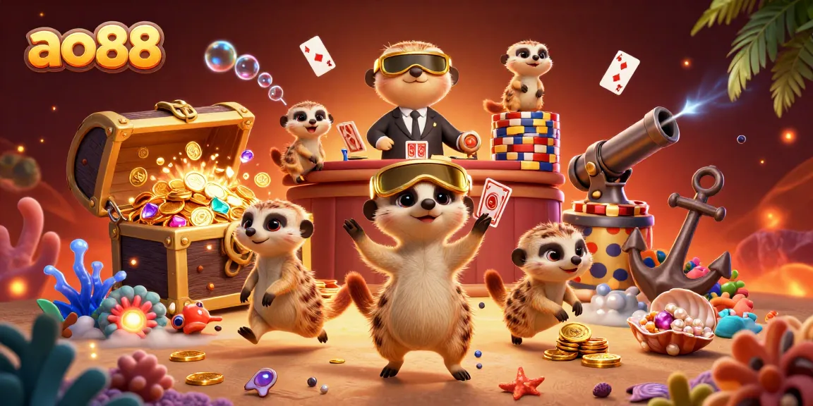 Engage in thrilling gameplay at ao88 while meerkats operate a vibrant casino scene.