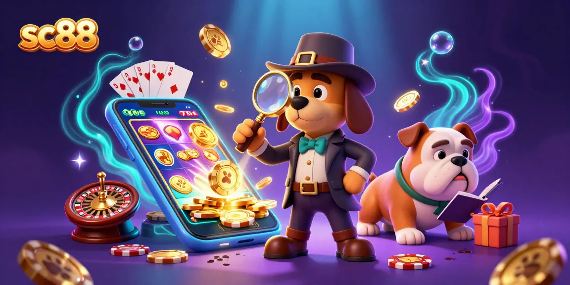 Sc88 detective bloodhound investigates clues near vibrant casino games illustrating fun gambling.