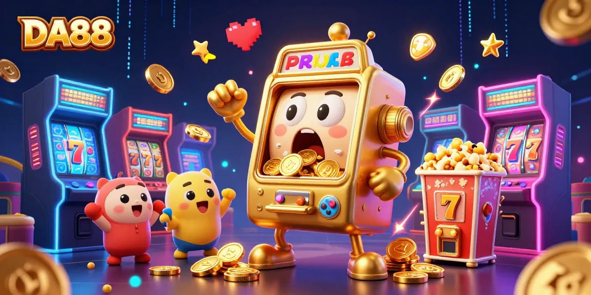 DA88 slot machine hits jackpot in a vibrant 3D casino scene, coins overflowing