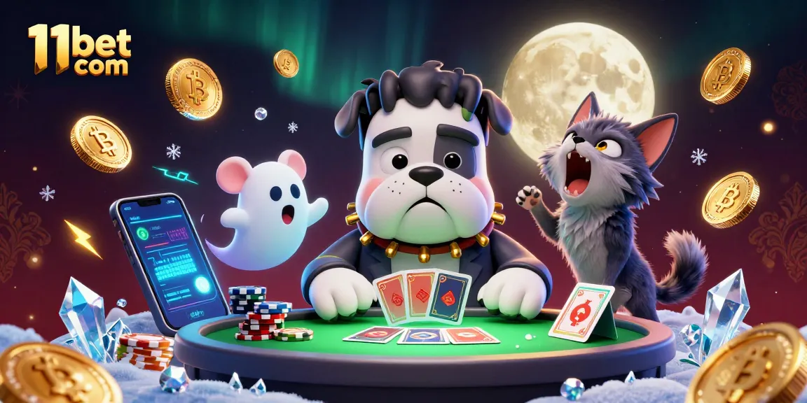 Experience thrilling gameplay with 11bet com's spooky 3D casino illustration featuring a Frankenstein bulldog, ghost mouse, and werewolf kitten.