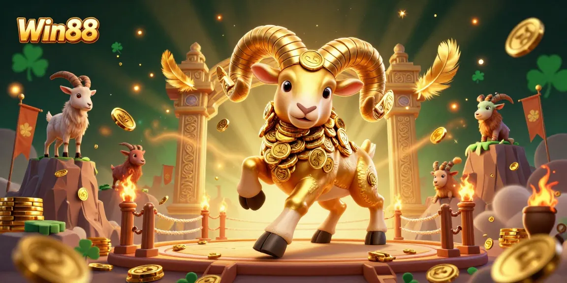 Win88 showcases an epic 3D illustration filled with vibrant casino elements, featuring golden ram, tokens, and atmospheric effects.
