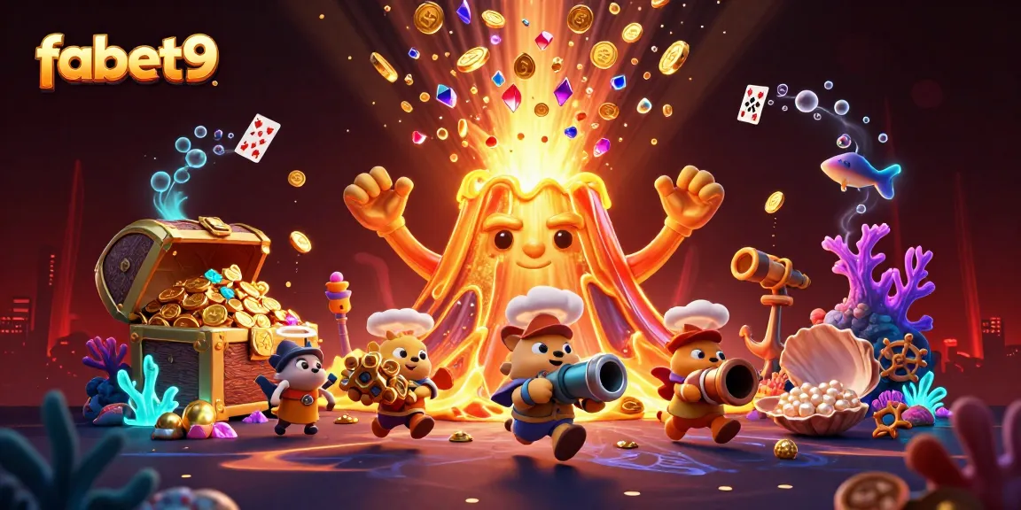 Engage with fabet9's thrilling casino adventure in this 3D illustration of a golden volcano and treasure.