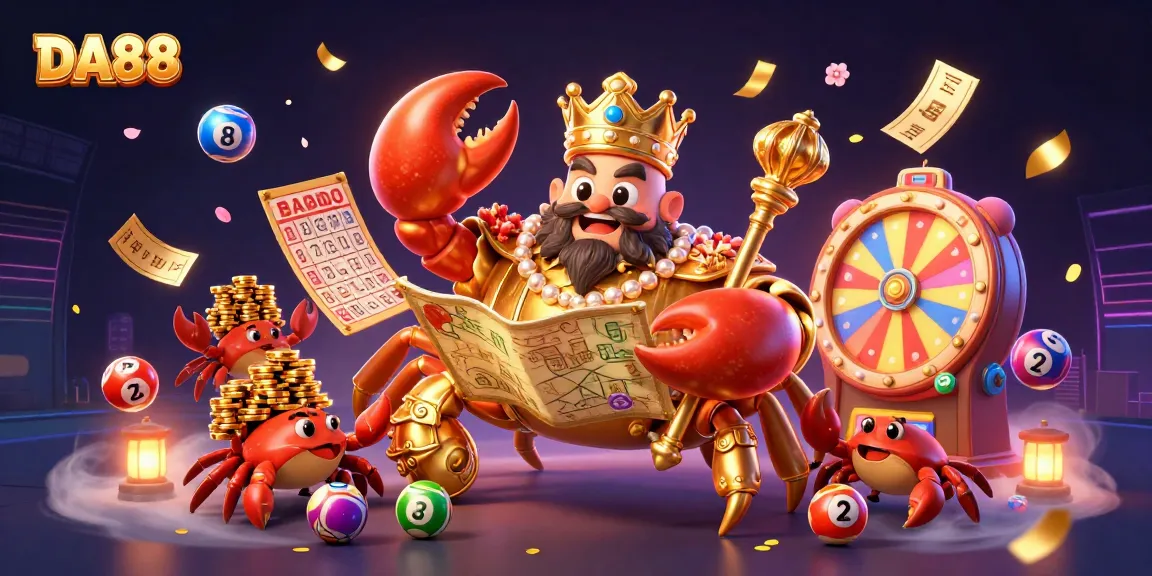 DA88 showcases a vibrant lottery scene with a golden crab emperor surrounded by game elements.