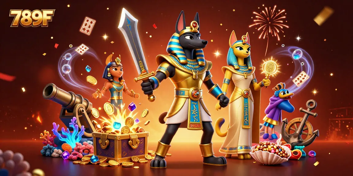 Engage in exciting gameplay at 789F with Anubis and Bastet amongst treasures and casino elements.